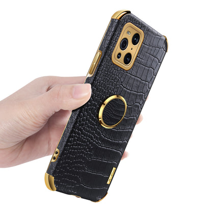 Electroplating Crocodile Texture PU Leather Coated TPU Precise Cutout Phone Cover with Ring Holder for Oppo Find X3 Pro / Oppo Find X3