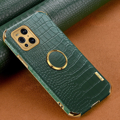 Electroplating Crocodile Texture PU Leather Coated TPU Precise Cutout Phone Cover with Ring Holder for Oppo Find X3 Pro / Oppo Find X3