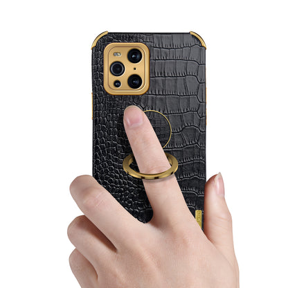 Electroplating Crocodile Texture PU Leather Coated TPU Precise Cutout Phone Cover with Ring Holder for Oppo Find X3 Pro / Oppo Find X3