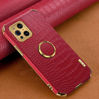 Electroplating Crocodile Texture PU Leather Coated TPU Precise Cutout Phone Cover with Ring Holder for Oppo Find X3 Pro / Oppo Find X3