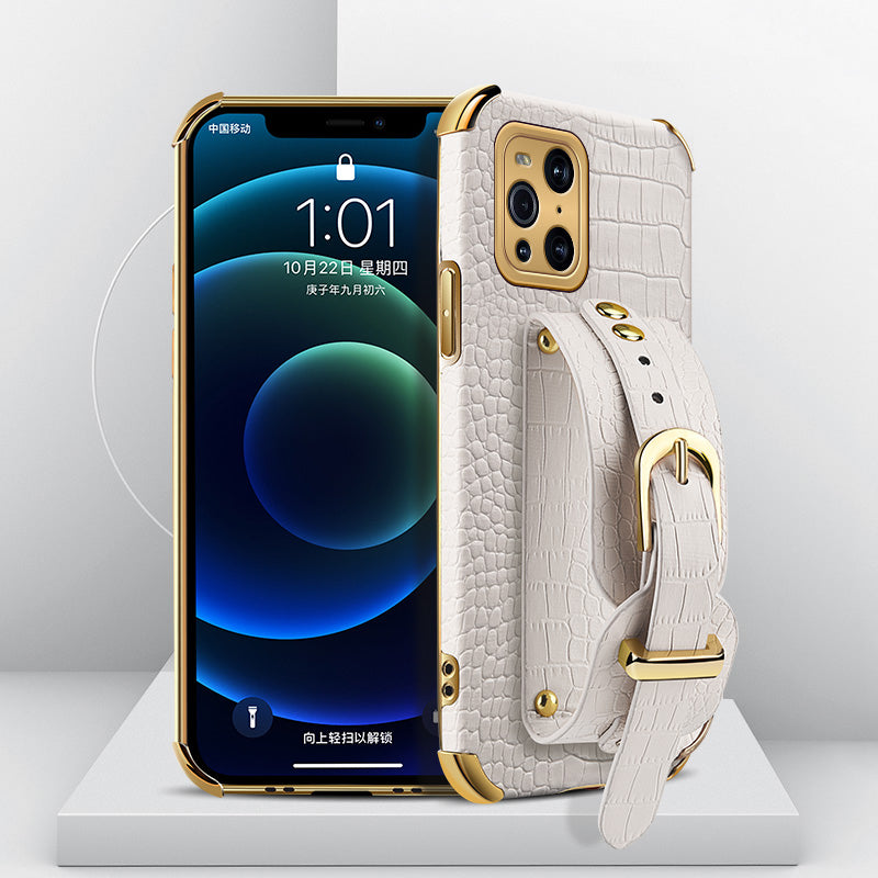 6D Electroplated Crocodile Texture Wrist Strap PU Leather Coated TPU Phone Case Cover for Oppo Find X3/Find X3 Pro