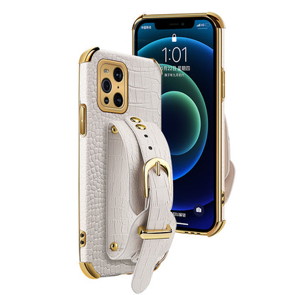 6D Electroplated Crocodile Texture Wrist Strap PU Leather Coated TPU Phone Case Cover for Oppo Find X3/Find X3 Pro