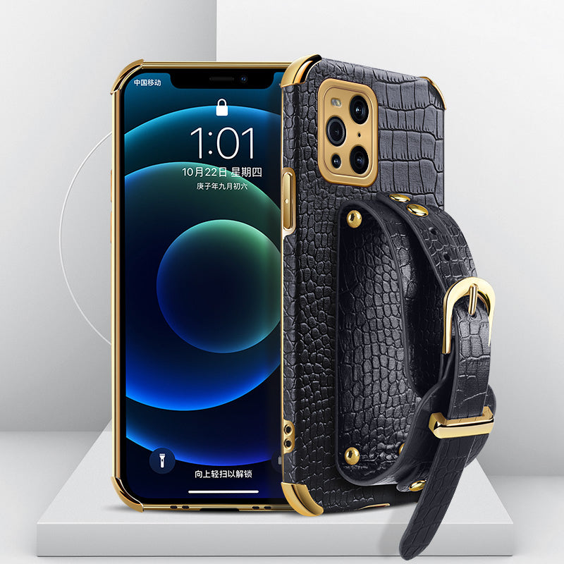 6D Electroplated Crocodile Texture Wrist Strap PU Leather Coated TPU Phone Case Cover for Oppo Find X3/Find X3 Pro