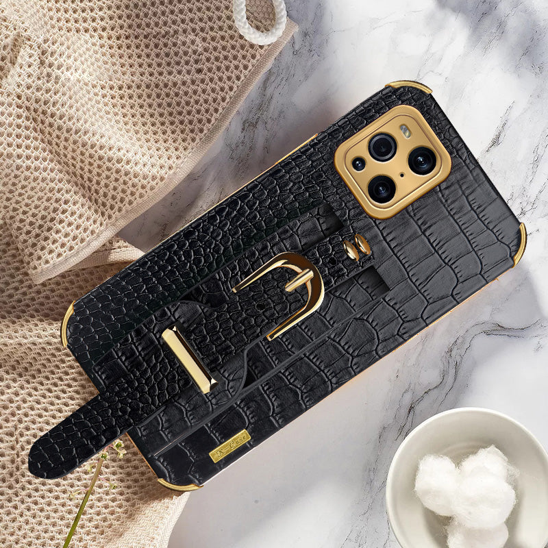 6D Electroplated Crocodile Texture Wrist Strap PU Leather Coated TPU Phone Case Cover for Oppo Find X3/Find X3 Pro