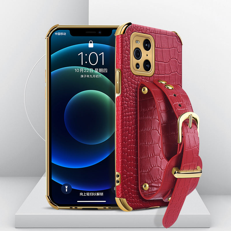 6D Electroplated Crocodile Texture Wrist Strap PU Leather Coated TPU Phone Case Cover for Oppo Find X3/Find X3 Pro