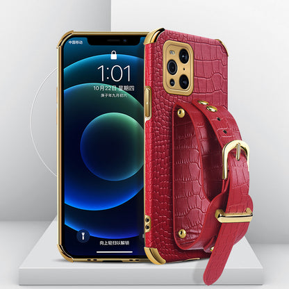 6D Electroplated Crocodile Texture Wrist Strap PU Leather Coated TPU Phone Case Cover for Oppo Find X3/Find X3 Pro