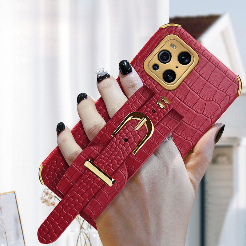 6D Electroplated Crocodile Texture Wrist Strap PU Leather Coated TPU Phone Case Cover for Oppo Find X3/Find X3 Pro