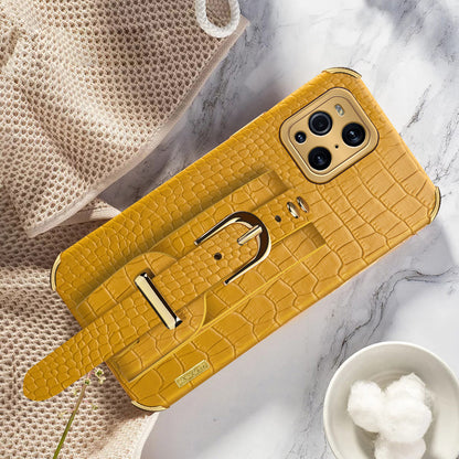 6D Electroplated Crocodile Texture Wrist Strap PU Leather Coated TPU Phone Case Cover for Oppo Find X3/Find X3 Pro