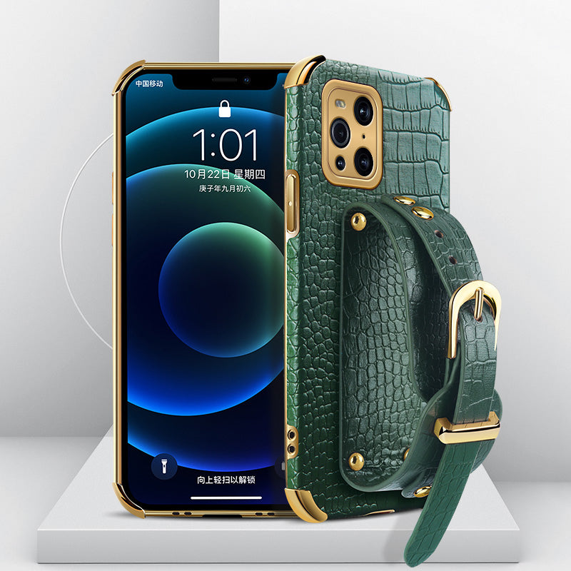 6D Electroplated Crocodile Texture Wrist Strap PU Leather Coated TPU Phone Case Cover for Oppo Find X3/Find X3 Pro