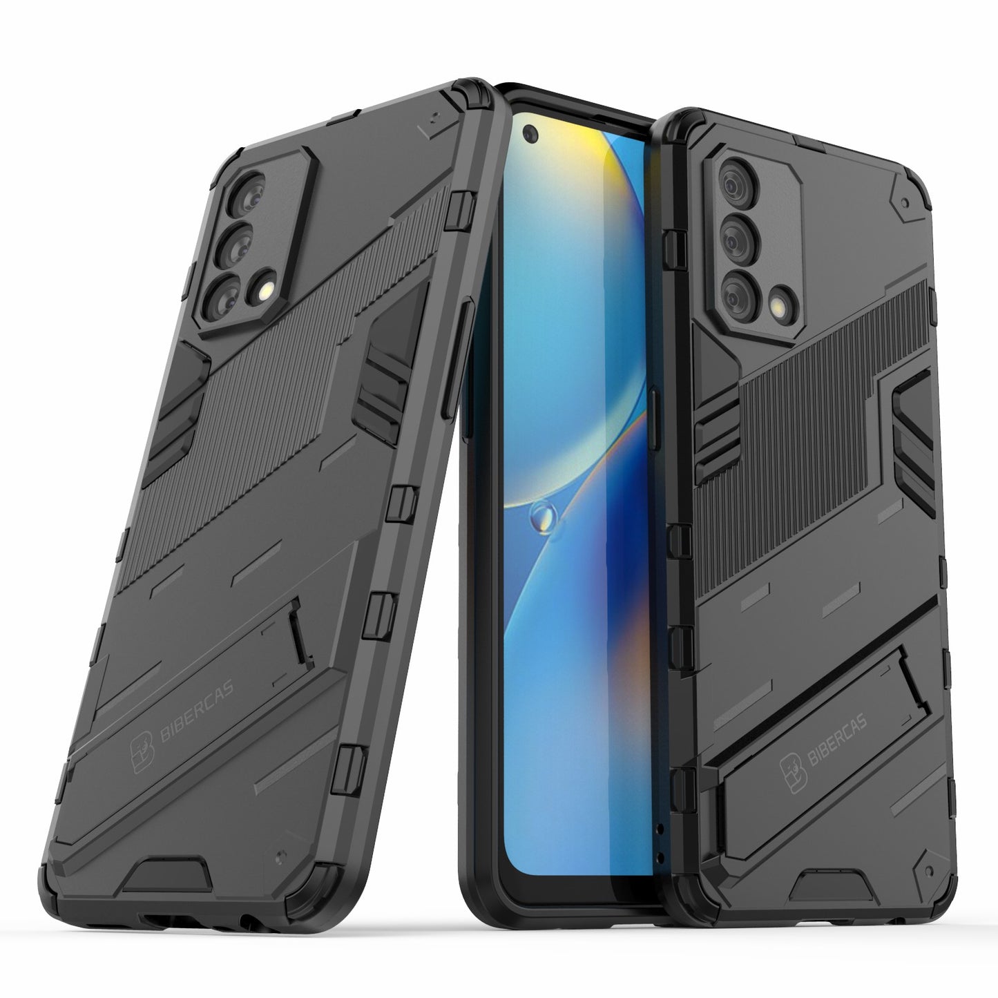 PC + TPU Shockproof Hybrid Phone Back Case Cover with Foldable Kickstand for Oppo A74 4G