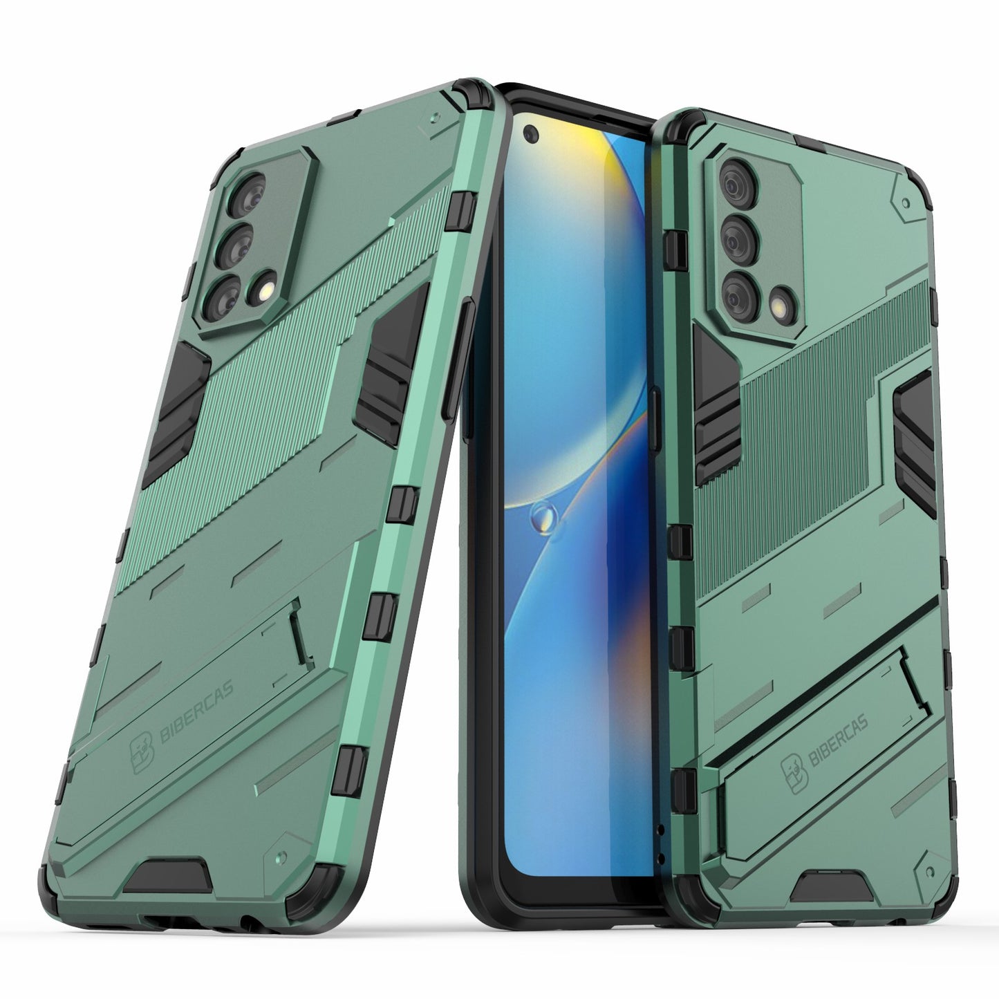 PC + TPU Shockproof Hybrid Phone Back Case Cover with Foldable Kickstand for Oppo A74 4G