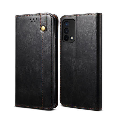 Oil Wax Surface PU Leather + Inner Soft TPU Phone Cover Case with Wallet Stand for Oppo F19/A74 4G