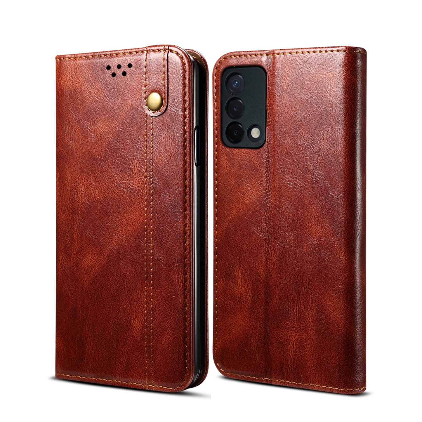 Oil Wax Surface PU Leather + Inner Soft TPU Phone Cover Case with Wallet Stand for Oppo F19/A74 4G