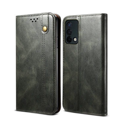 Oil Wax Surface PU Leather + Inner Soft TPU Phone Cover Case with Wallet Stand for Oppo F19/A74 4G