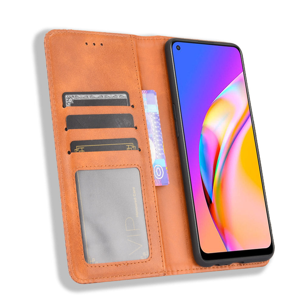 Vintage Style Magnetic Attraction Wallet Stand Phone Case Cover for Oppo A94 5G/Reno5 Z/F19 Pro+ 5G