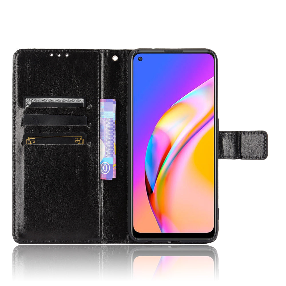 Wallet Stand Design Crazy Horse Skin Leather Shell with Strap for Oppo A94 5G/Reno5 Z/F19 Pro+ 5G