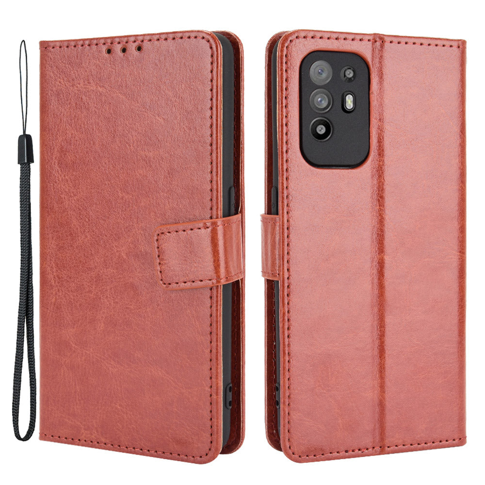 Wallet Stand Design Crazy Horse Skin Leather Shell with Strap for Oppo A94 5G/Reno5 Z/F19 Pro+ 5G