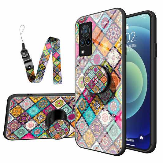 Hybrid Phone Case Colorful Printing Glass + PC + TPU Cover Shell with Kickstand Strap for vivo V21 5G