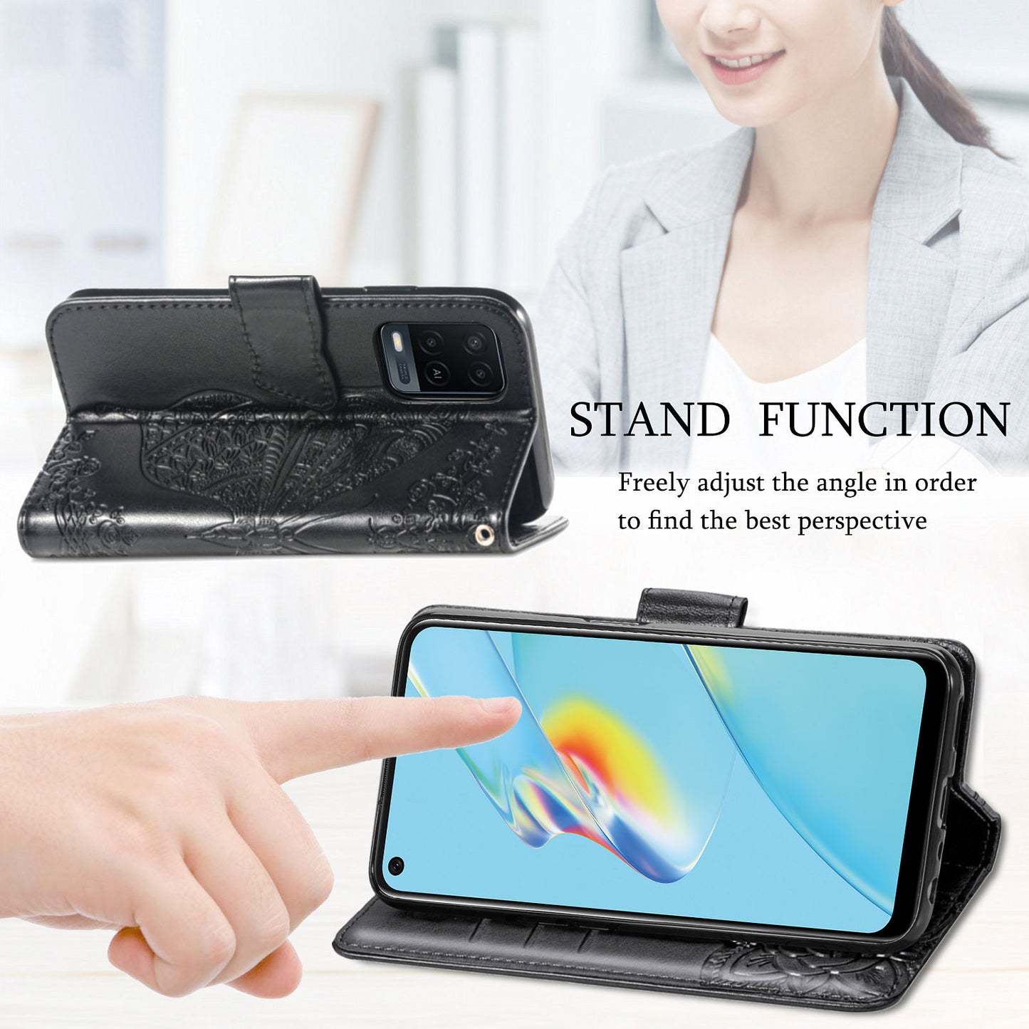 Full Protection Big Butterfly Imprinting Leather Wallet Stand Design Phone Shell for Oppo A54 4G