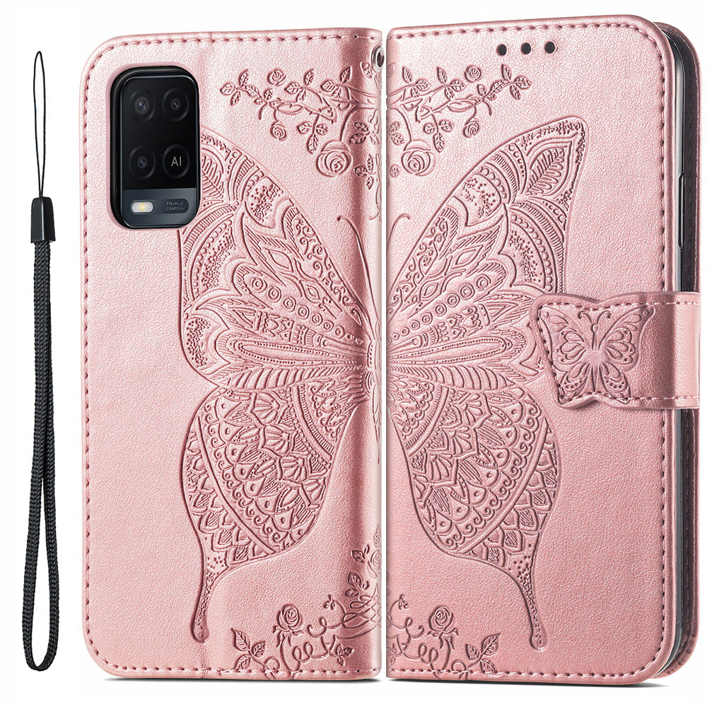 Full Protection Big Butterfly Imprinting Leather Wallet Stand Design Phone Shell for Oppo A54 4G