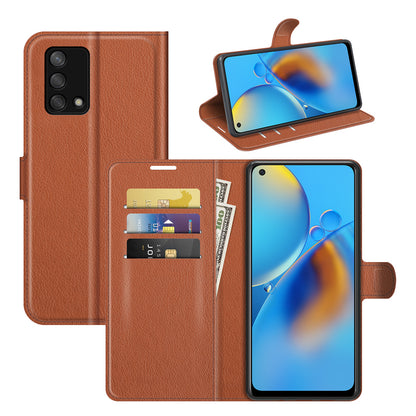 Litchi Texture Leather Wallet Phone Case Folio Flip Cover with Stand for Oppo F19 / A74 4G