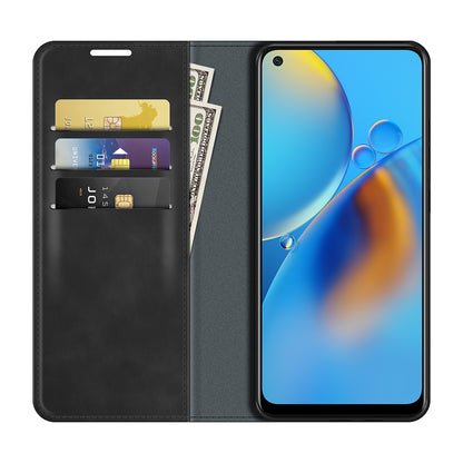 Skin-touch Leather Protective Cover Auto-Absorbed Case with Wallet Stand for Oppo F19/A74 4G