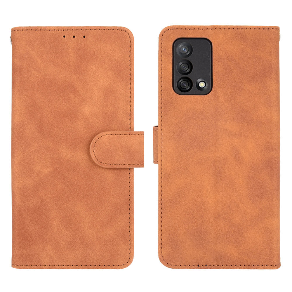 Skin-touch Feeling Leather Wallet Stand Flip Case Protective Phone Shell Cover for Oppo F19/A74 4G