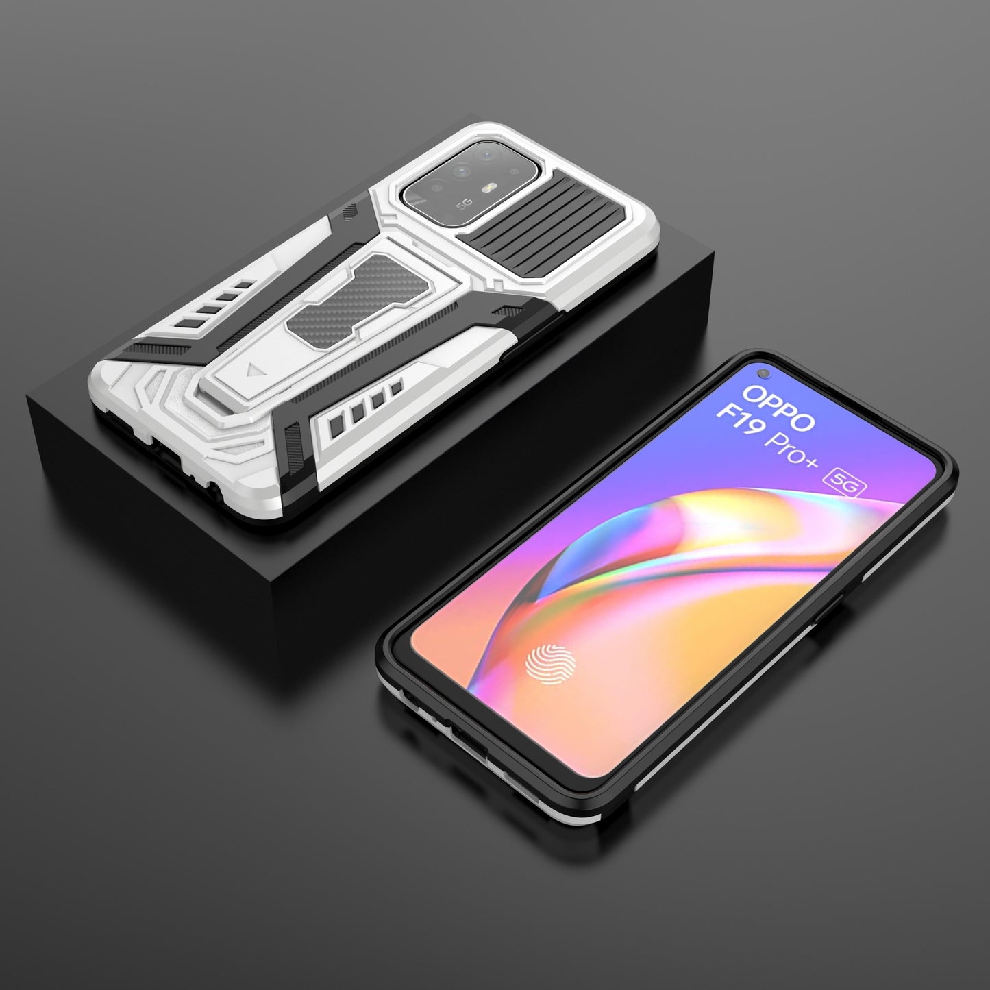 Kickstand Design Car Style Well-Protected PC + TPU Hybrid Cover Case for Oppo F19 Pro+ 5G/Reno5 Z/A94 5G