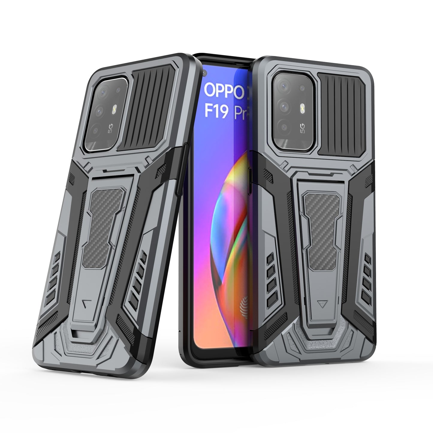 Kickstand Design Car Style Well-Protected PC + TPU Hybrid Cover Case for Oppo F19 Pro+ 5G/Reno5 Z/A94 5G