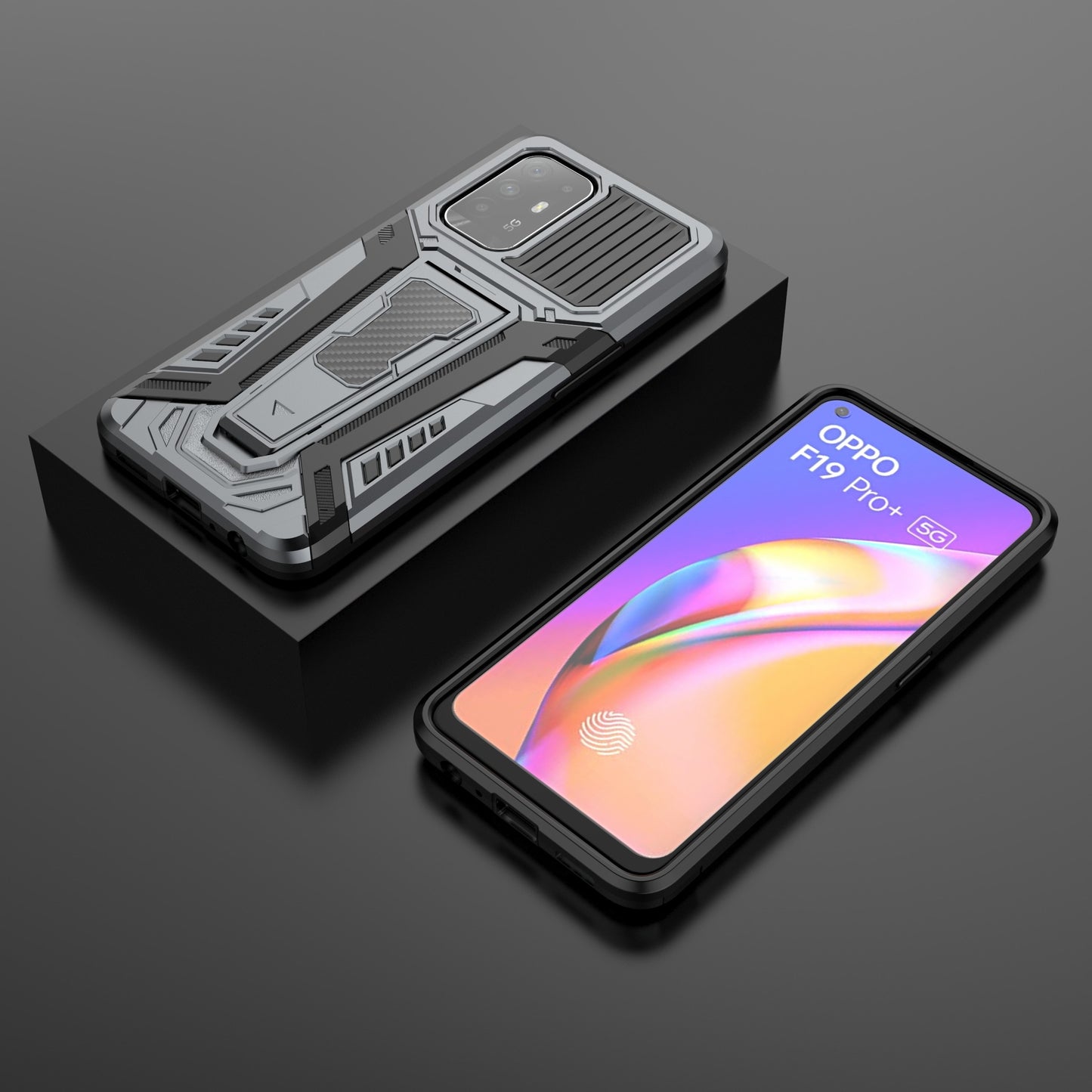 Kickstand Design Car Style Well-Protected PC + TPU Hybrid Cover Case for Oppo F19 Pro+ 5G/Reno5 Z/A94 5G