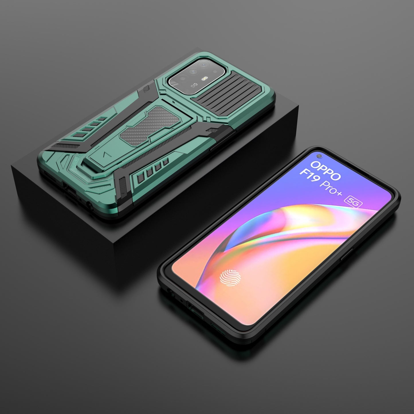 Kickstand Design Car Style Well-Protected PC + TPU Hybrid Cover Case for Oppo F19 Pro+ 5G/Reno5 Z/A94 5G