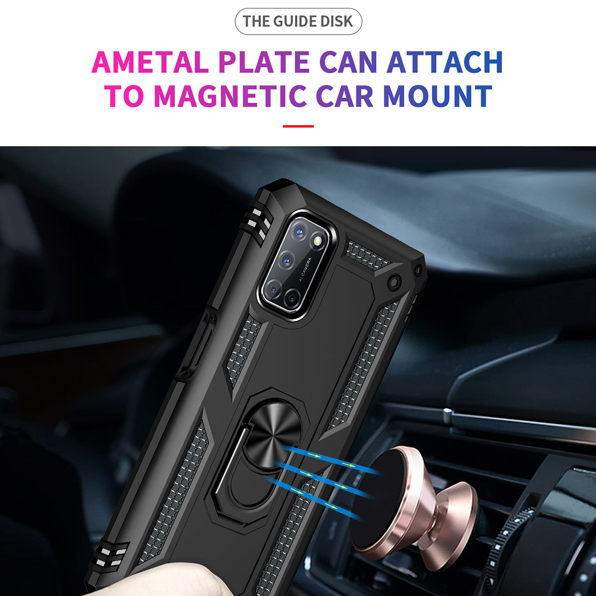 Anti-Fall Phone Hybrid PC + TPU + Metal Phone Case with Finger Ring Kickstand for Oppo A72 / A52 / A92