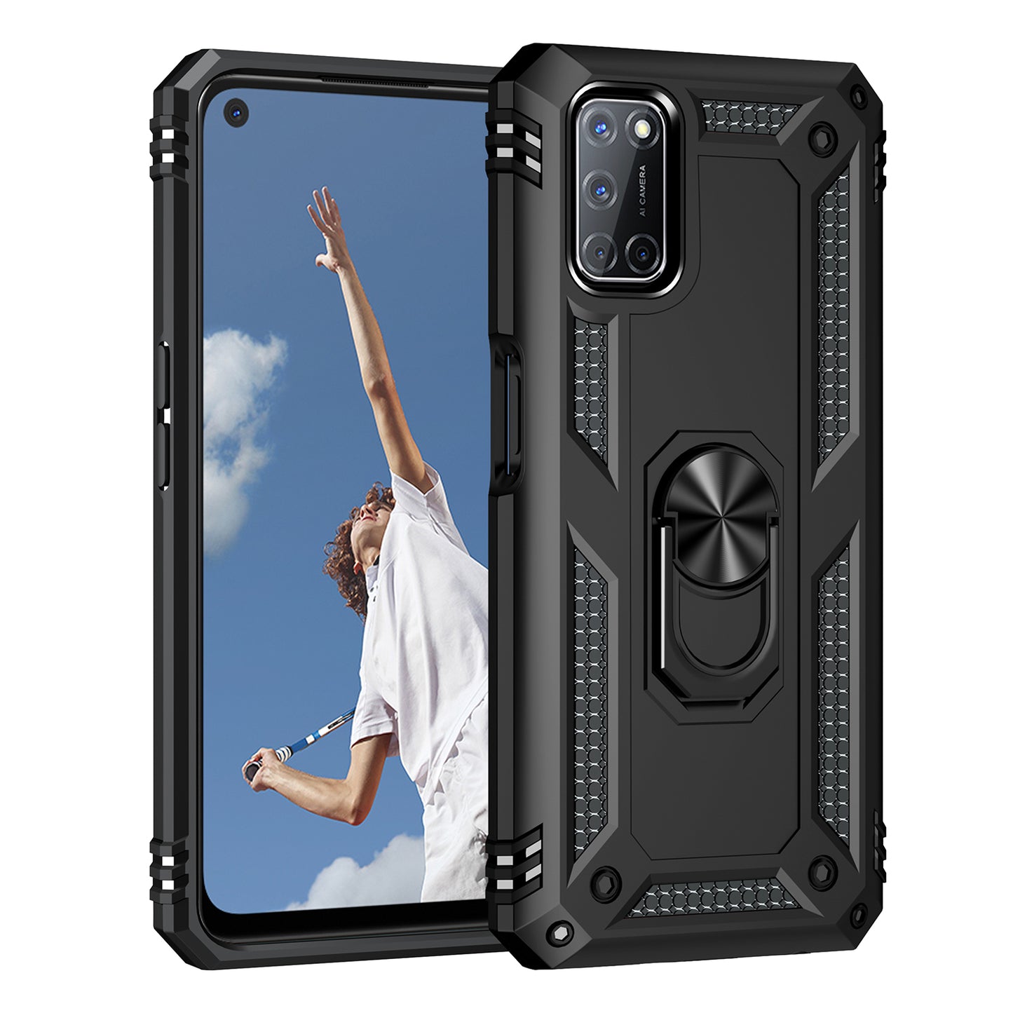 Anti-Fall Phone Hybrid PC + TPU + Metal Phone Case with Finger Ring Kickstand for Oppo A72 / A52 / A92