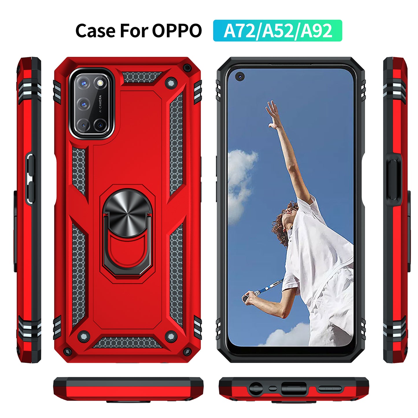 Anti-Fall Phone Hybrid PC + TPU + Metal Phone Case with Finger Ring Kickstand for Oppo A72 / A52 / A92