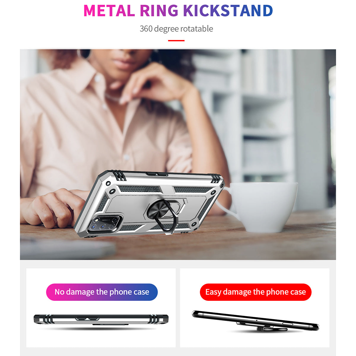 Anti-Fall Phone Hybrid PC + TPU + Metal Phone Case with Finger Ring Kickstand for Oppo A72 / A52 / A92