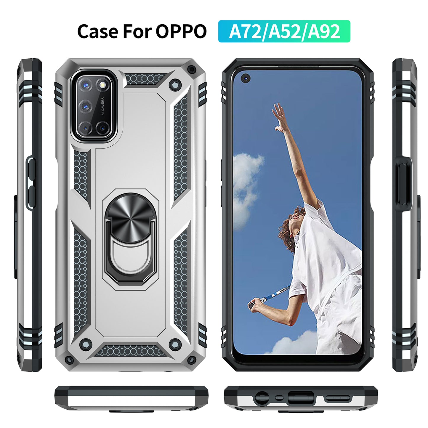 Anti-Fall Phone Hybrid PC + TPU + Metal Phone Case with Finger Ring Kickstand for Oppo A72 / A52 / A92