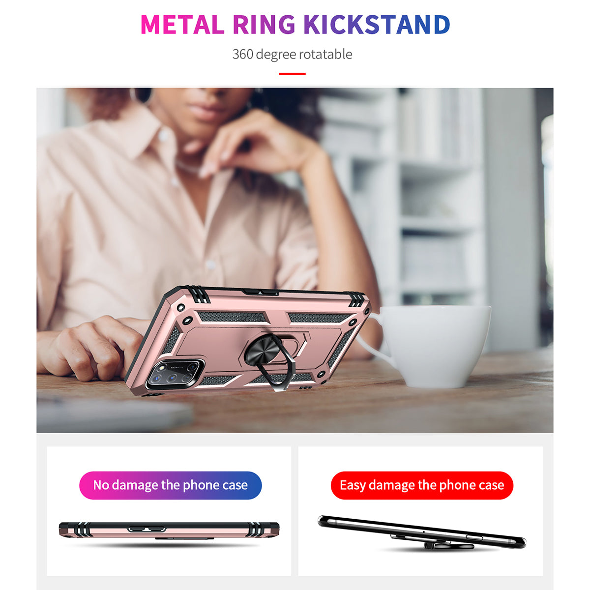 Anti-Fall Phone Hybrid PC + TPU + Metal Phone Case with Finger Ring Kickstand for Oppo A72 / A52 / A92