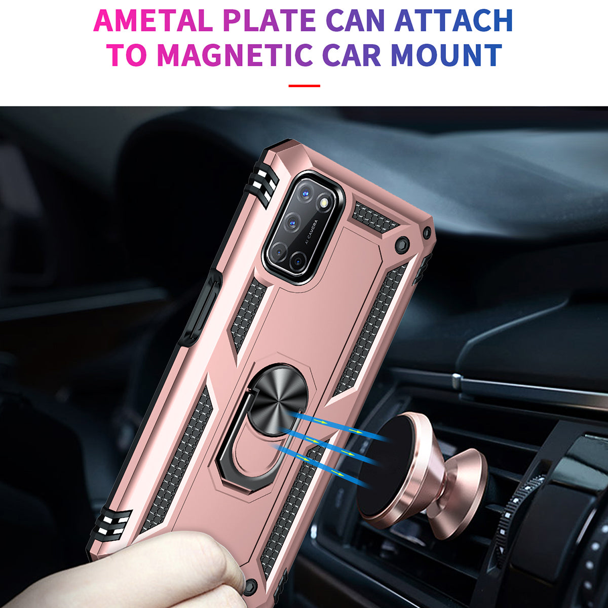 Anti-Fall Phone Hybrid PC + TPU + Metal Phone Case with Finger Ring Kickstand for Oppo A72 / A52 / A92