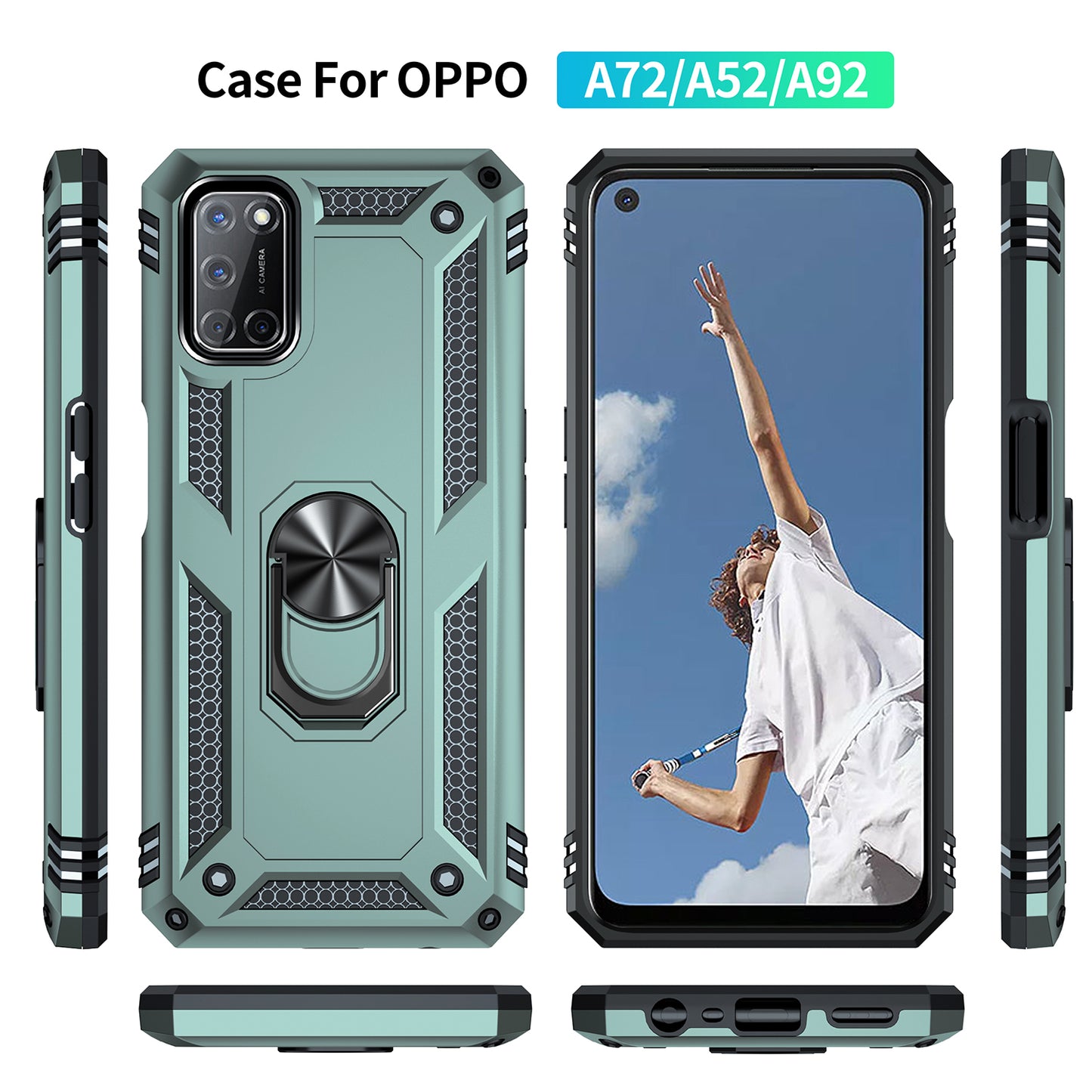 Anti-Fall Phone Hybrid PC + TPU + Metal Phone Case with Finger Ring Kickstand for Oppo A72 / A52 / A92