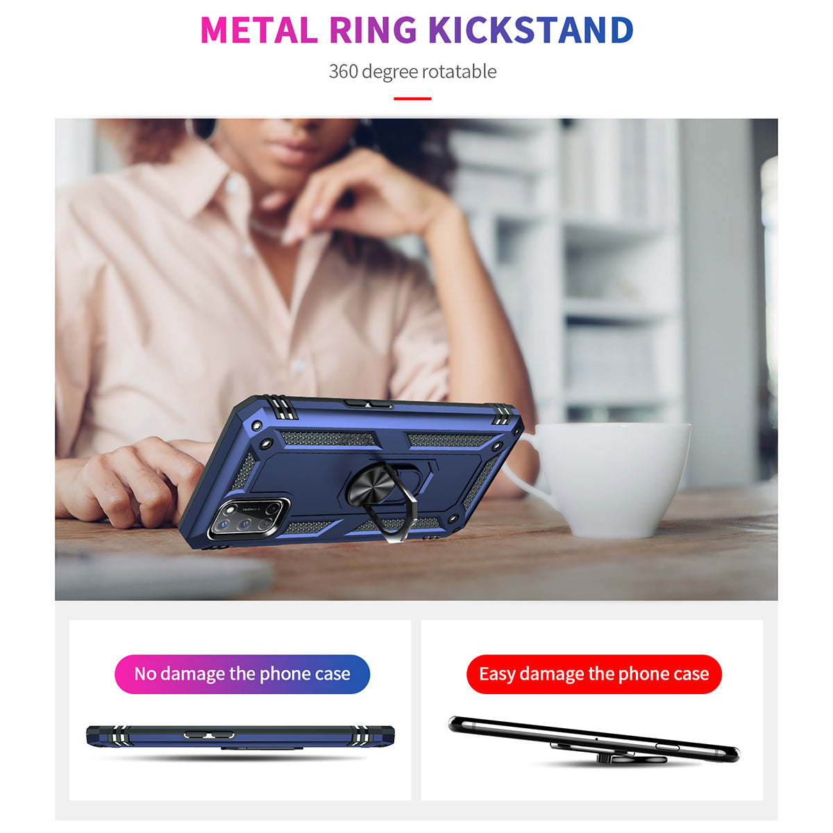 Anti-Fall Phone Hybrid PC + TPU + Metal Phone Case with Finger Ring Kickstand for Oppo A72 / A52 / A92