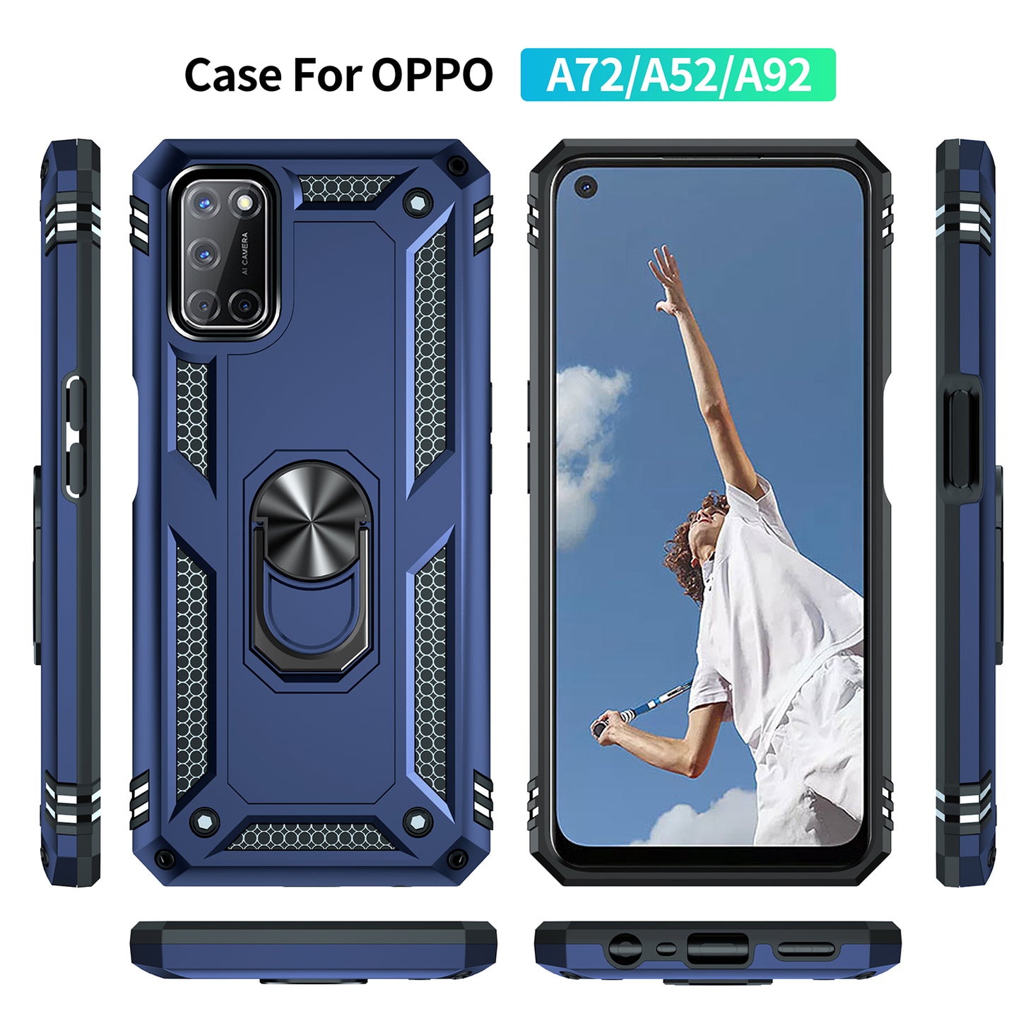 Anti-Fall Phone Hybrid PC + TPU + Metal Phone Case with Finger Ring Kickstand for Oppo A72 / A52 / A92