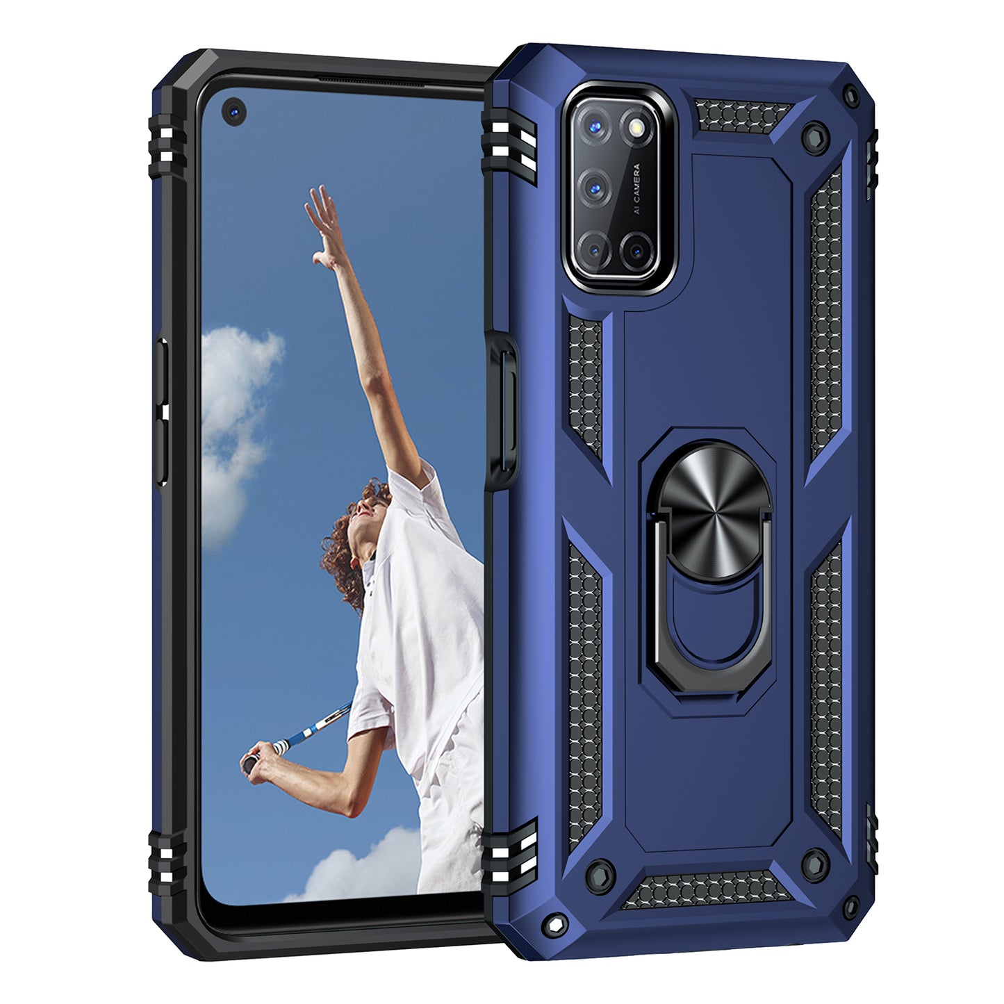 Anti-Fall Phone Hybrid PC + TPU + Metal Phone Case with Finger Ring Kickstand for Oppo A72 / A52 / A92