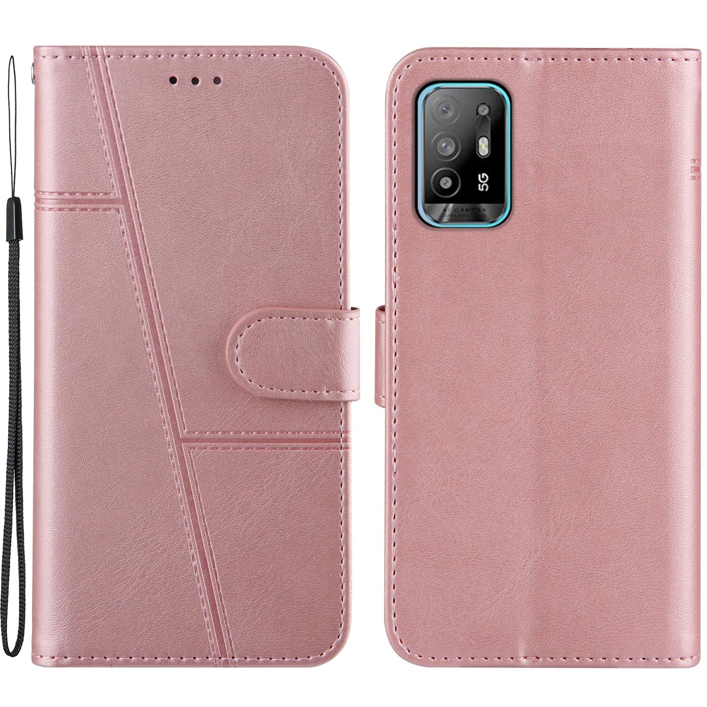 Full Protection Splicing Leather Phone Cover Wallet Stand Case with Strap for Oppo A94 5G