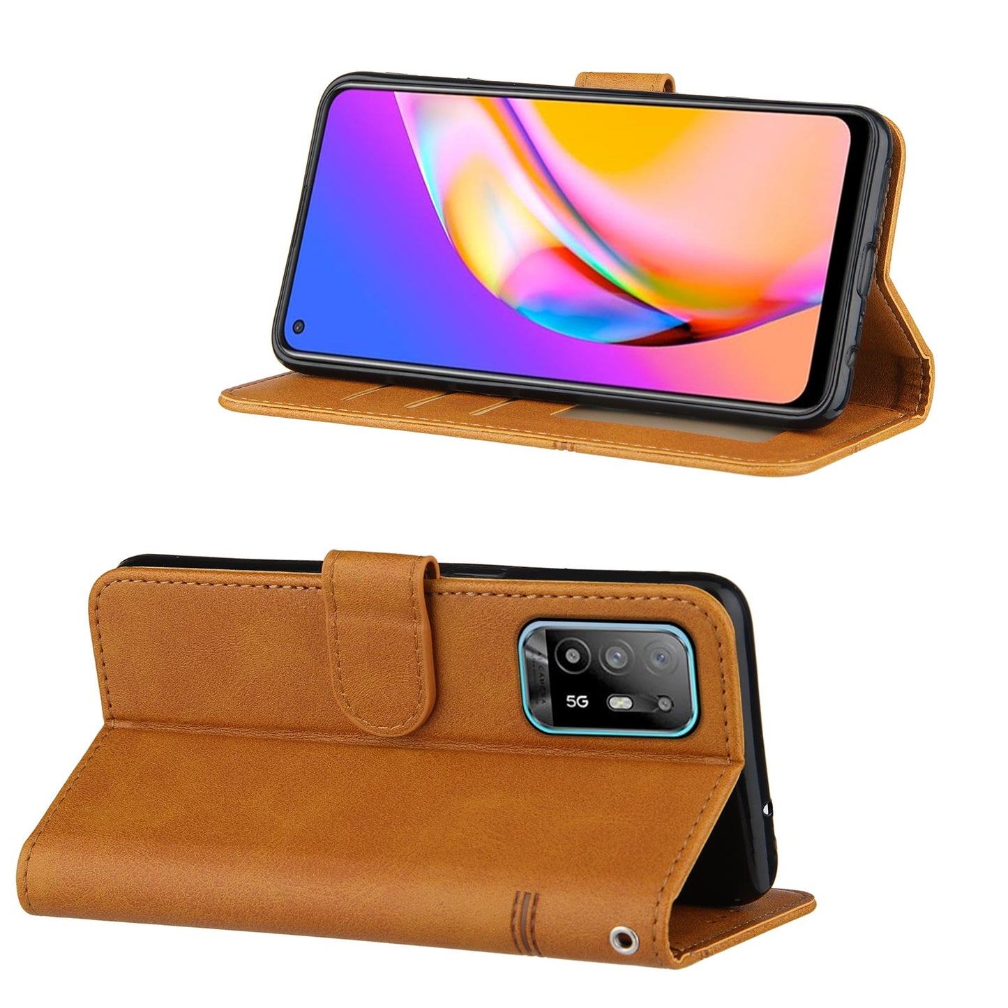 Full Protection Splicing Leather Phone Cover Wallet Stand Case with Strap for Oppo A94 5G