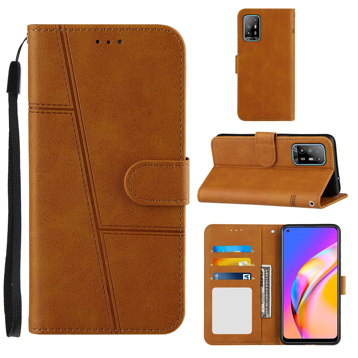 Full Protection Splicing Leather Phone Cover Wallet Stand Case with Strap for Oppo A94 5G