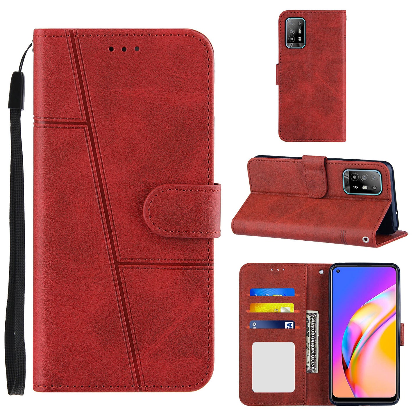 Full Protection Splicing Leather Phone Cover Wallet Stand Case with Strap for Oppo A94 5G