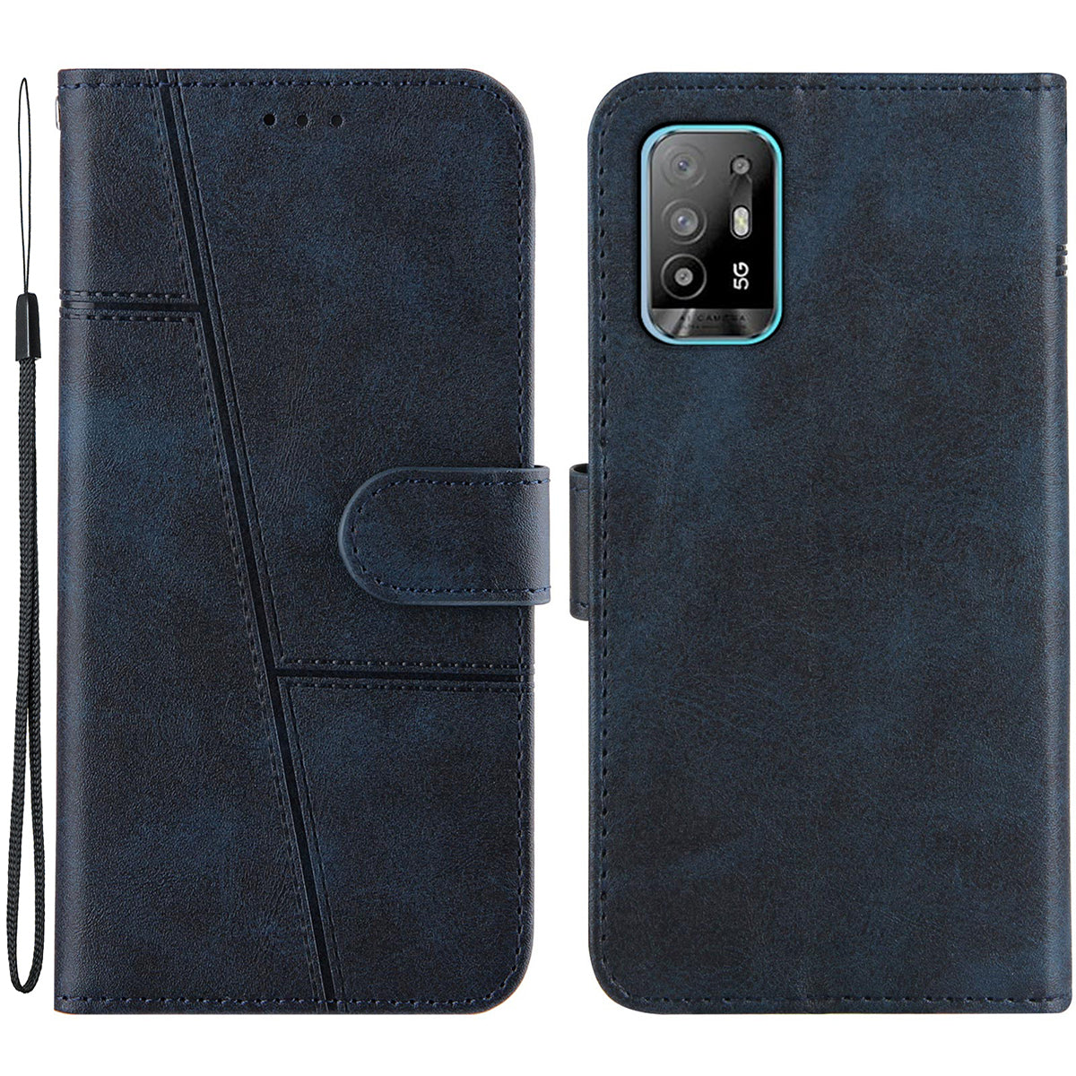 Full Protection Splicing Leather Phone Cover Wallet Stand Case with Strap for Oppo A94 5G