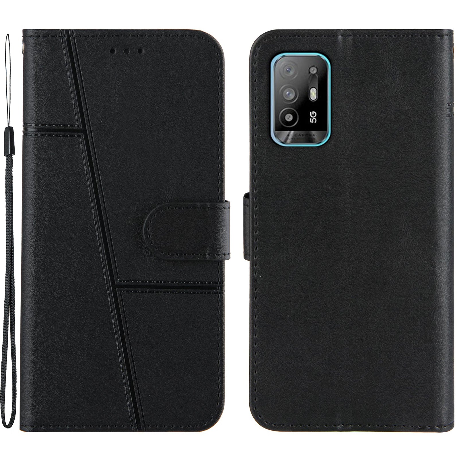 Full Protection Splicing Leather Phone Cover Wallet Stand Case with Strap for Oppo A94 5G