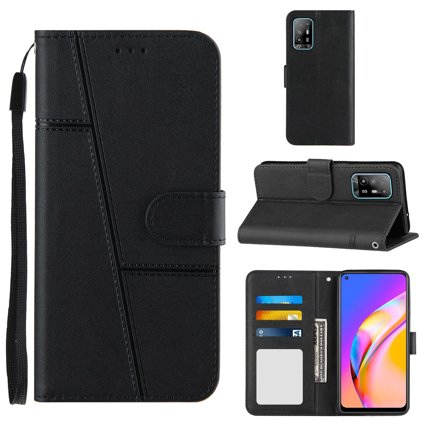 Full Protection Splicing Leather Phone Cover Wallet Stand Case with Strap for Oppo A94 5G