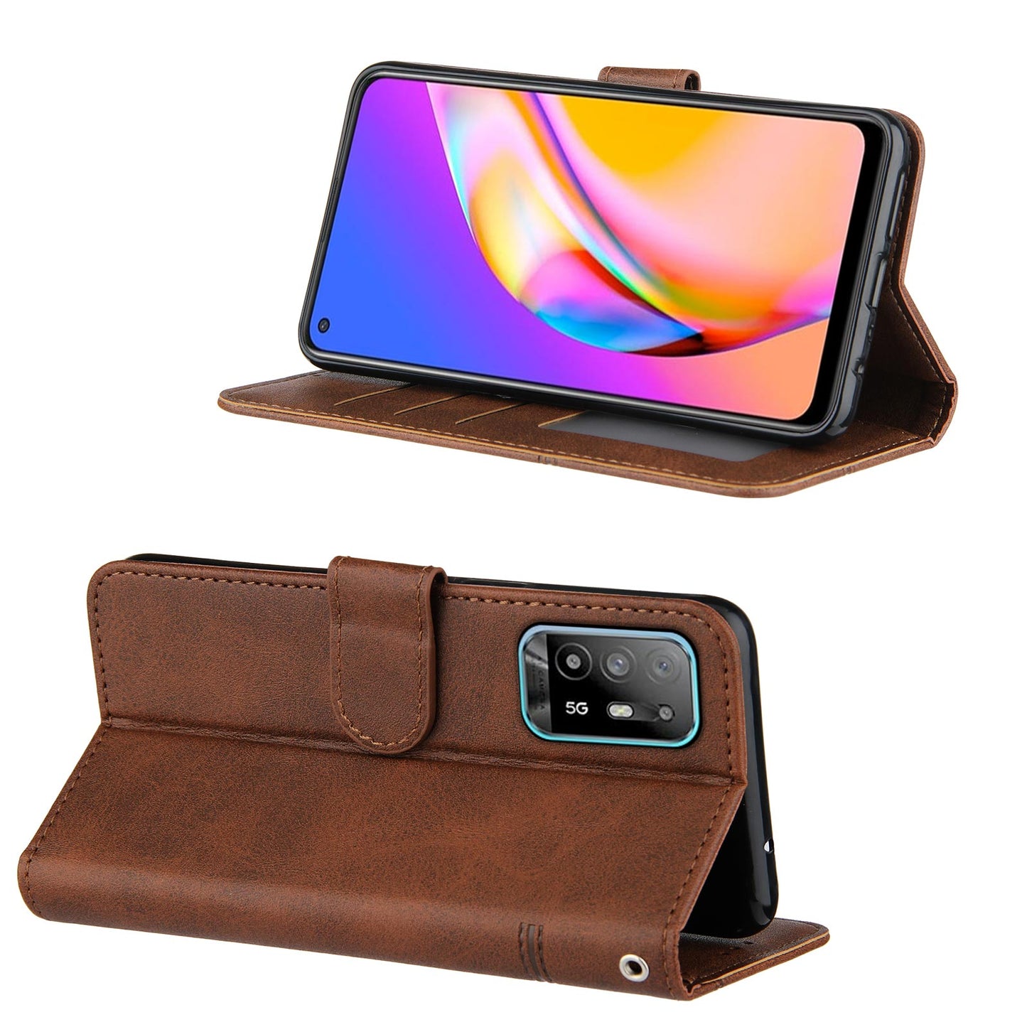 Full Protection Splicing Leather Phone Cover Wallet Stand Case with Strap for Oppo A94 5G